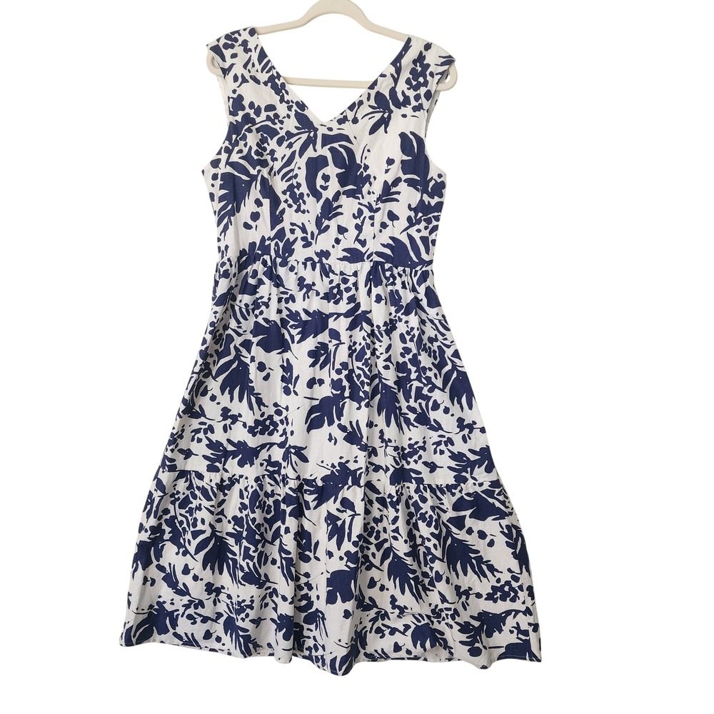 Blue White Floral Leaf Print V-Neck Tiered Midi Dress Smocked Back Sleeveless
